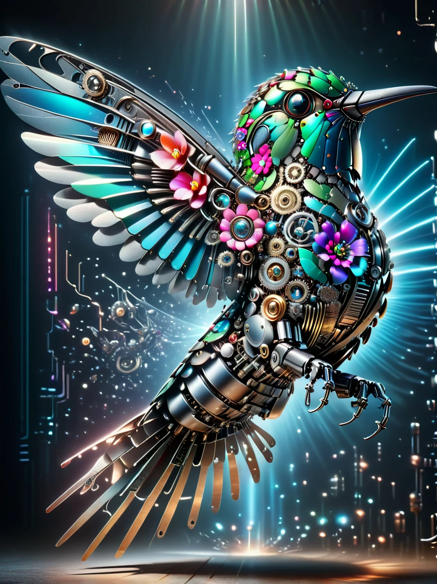 (3D，mechanical感，cute，ais-scrapyrd Hummingbird，mechanical)，Colorful neon lights，高科技mechanical部件，Metal body，Detailed Vibranium Flower Design，Vibrant colors，Dynamic glowing flowers，Reflective metal surface，Bright environment，Dynamic poses，Exquisite existence，Skills Improvement，互锁mechanical齿轮，Stylish design，motion blur effect，Detailed metal treatment，Sci-fi atmosphere，Streamlined aerodynamic shape，Laser scanning pattern，Holographic projection，LED light track，Beautiful and unforgettable，Advanced sensors，Complex algorithms，Ominous and mysterious atmosphere，Electric Spark，Shiny chrome，Propulsion systems of the future，(Best quality，8k，high resolution，masterpiece:1.2)，Super detailed，(whole body:1.8)​