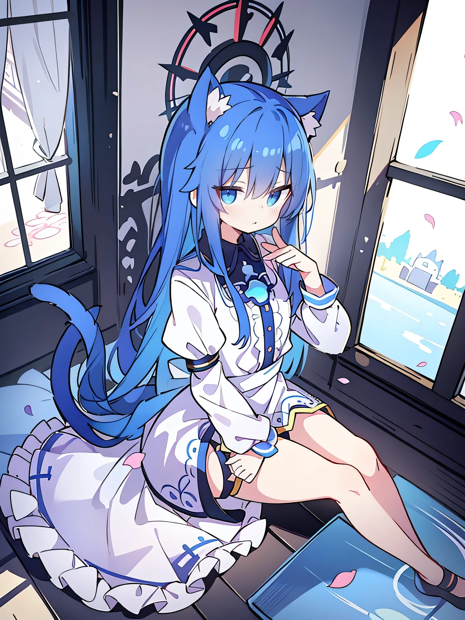 (masterpiece:1.2),Extremely detailed,Practical,expressive eyes,Fair skin,Perfect face shaping,1 Girl,
Japanese cartoons,Gorgeous blue hair, the long flowing blue hair,Floating clothes,Cat ears,Petals fall,beautiful lola,Young Angel,
Place your hands on your waist,sit elegantly on the ground,Cross your legs,Gentle and peaceful background,church,nun,Place your hand on your lips,Shy face。