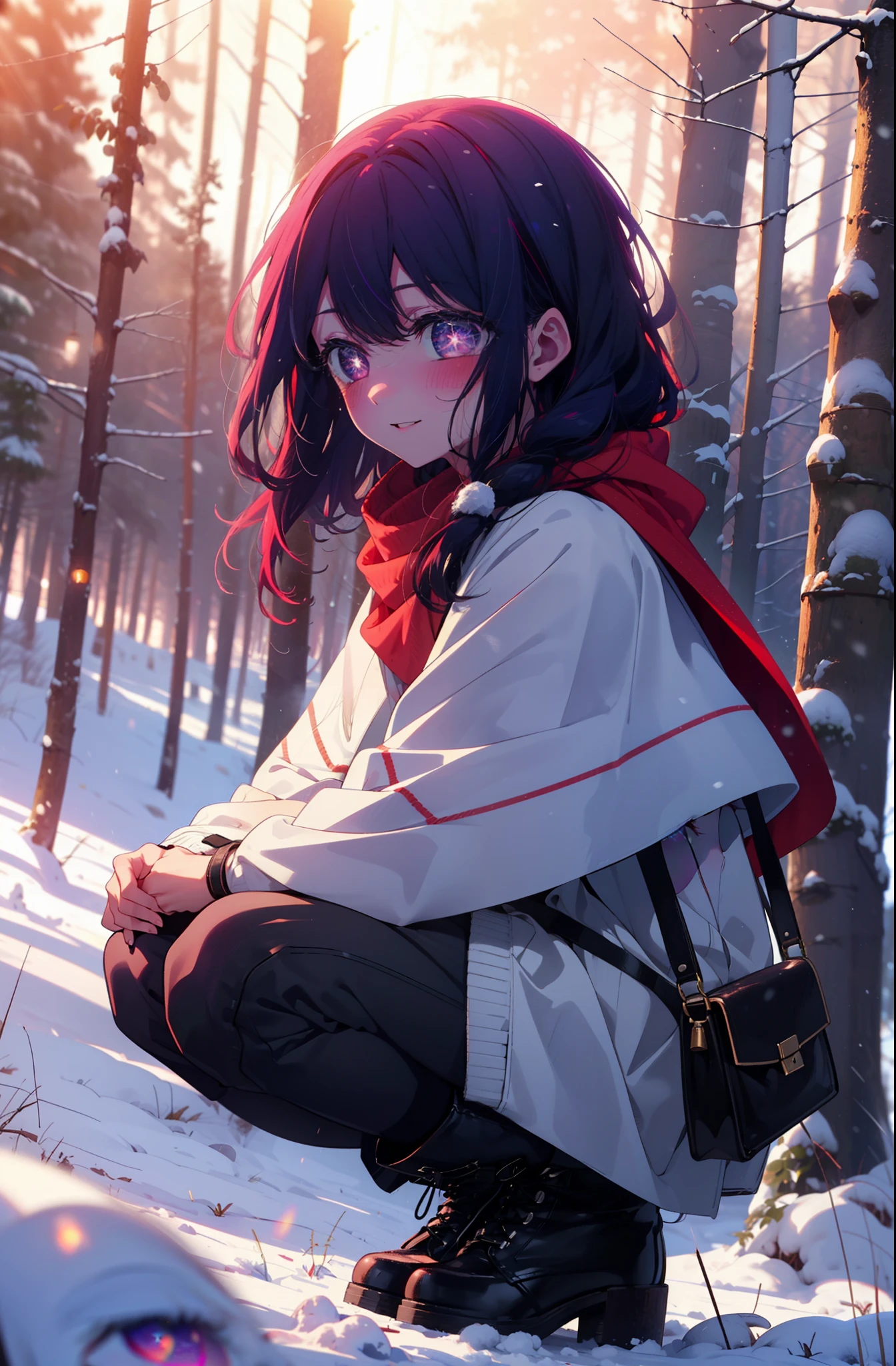 aihoshino, Ai Hoshino, Long Hair, bangs, (Purple eyes:1.1), Purple Hair, (Symbol-shaped pupil:1.5), smile,,smile,blush,white breath,
Open your mouth,snow,Ground bonfire, Outdoor, boots, snowing, From the side, wood, suitcase, Cape, Blurred, , forest, White handbag, nature, Squat, Mouth closed, Cape, winter, Written boundary depth, Black shoes, red Cape break looking at viewer, Upper Body, whole body, break Outdoor, forest, nature, break (masterpiece:1.2), Highest quality, High resolution, unity 8k wallpaper, (shape:0.8), (Beautiful and beautiful eyes:1.6), Highly detailed face, Perfect lighting, Extremely detailed CG, (Perfect hands, Perfect Anatomy),