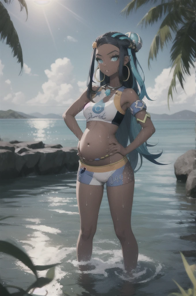 masterpiece, best quality, 1 pregnant girl, nessa, black hair, blue hair,  long hair,  multicolored hair, blue eyes, blue hair,dark skin, single hair bun,  armlet, belly chain, bikini, crop top, shorts, full body, single glove, hand on hip,  hoop earrings, necklace, looking at viewer, midriff,  navel, third trimester of pregnancy,  solo, standing, sky, water, wet, sea 