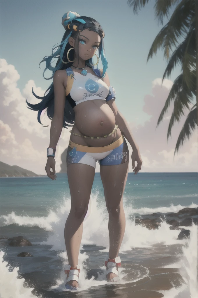 masterpiece, best quality, 1 pregnant girl, nessa, black hair, blue hair,  long hair,  multicolored hair, blue eyes, blue hair,dark skin, single hair bun,  armlet, belly chain, bikini, crop top, shorts, full body, single glove, hand on hip,  hoop earrings, necklace, looking at viewer, midriff,  navel, third trimester of pregnancy,  solo, standing, sky, water, wet, sea 