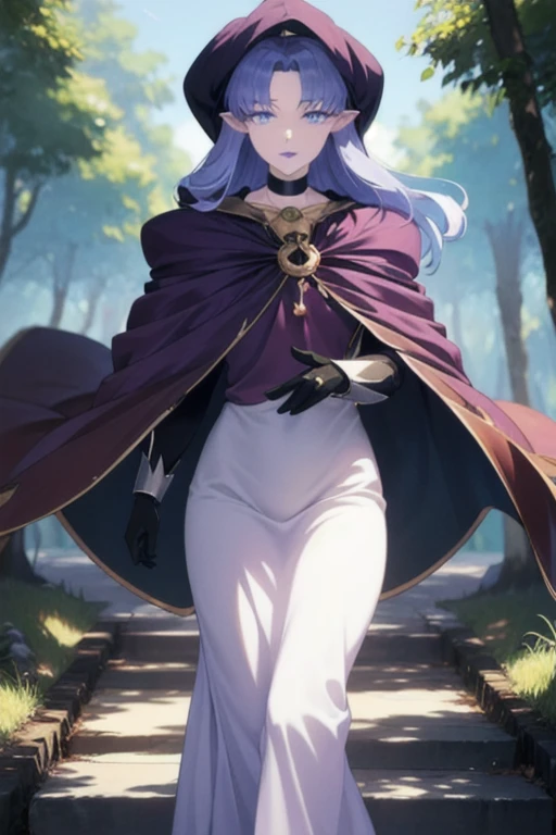 (masterpiece, sidelighting, finely detailed beautiful eyes: 1.2), glowing eyes, shiny hair, long skirt, cloak, cape, gloves, Medea, blue eyes, purple lips, pointy ears, choker, robe, solo, outdoor, city, forest