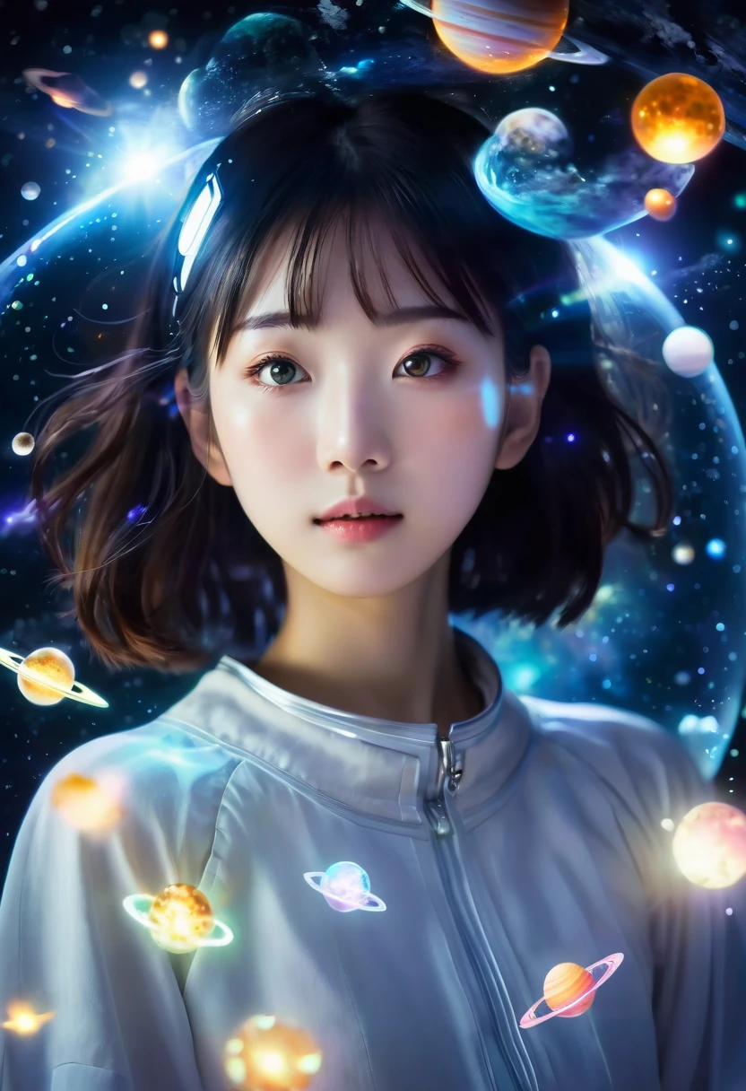 Young Japanese girl floating in space, surrounded by glowing, transluc