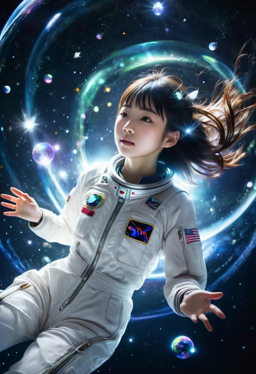Young Japanese girl floating in space, surrounded by glowing, transluc