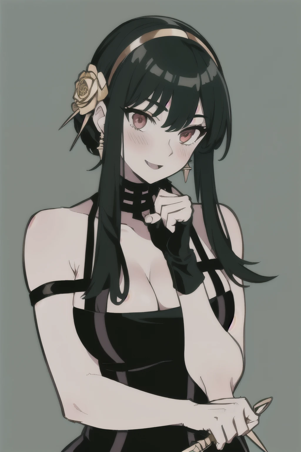 green background, yor_forger, 1girl, solo, long hair, breasts, looking at viewer, smile, bangs, middle breasts, black hair, hair ornament, red eyes, gloves, dress, holding, cleavage, bare shoulders, jewelry, closed mouth, upper body, weapon, flower, sidelocks, hairband, earrings, black gloves, hair flower, fingerless gloves, holding weapon, black dress, rose, knife,dual wielding, holding knife, dagger, holding dagger, gold earrings, gold hairband, blush, open mouth