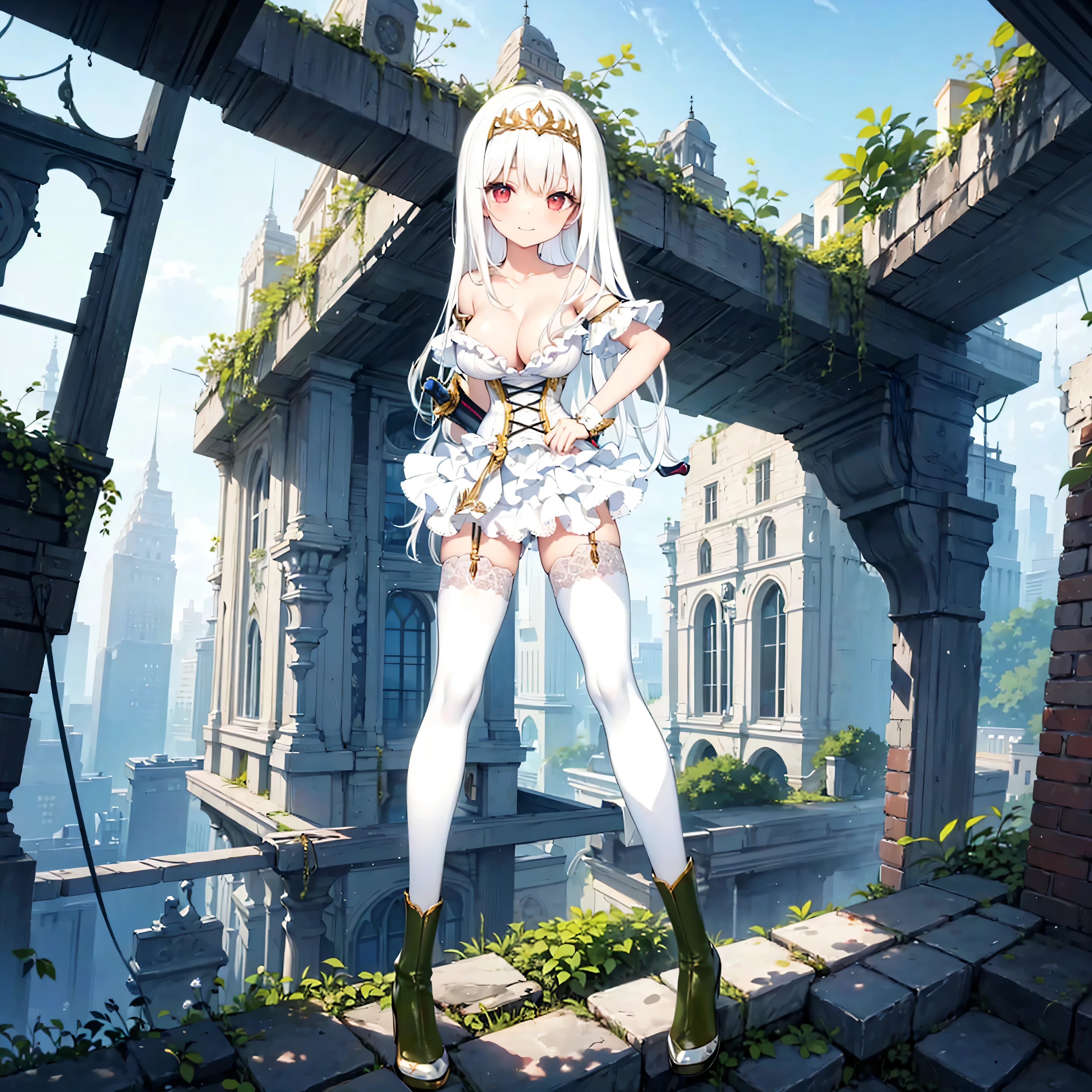 solo, standing skinny girl, long white hair, (white frilled white dress), (very short dress), (white frilled white tops), sheer dress, bared shoulders, too narrow corset cinches waist too tight, white thighhighs, white thigh strap, BREAK, red eyes, BREAK, golden tiaras, carrying a saber at her waist, BREAK, (show off large perky breasts), cleavage, collarbone, BREAK, skinny long legs, show off thigh gap, hand on hip, BREAK, smile for viewer, (nsfw:1), slipping vagina, (slipping nipples)