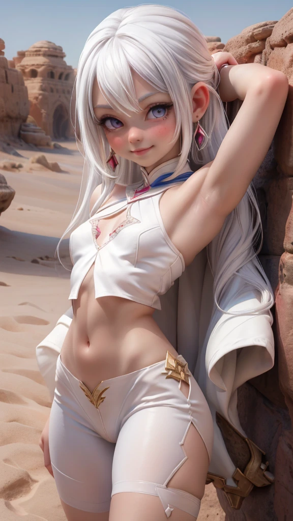 ariel, upper body portrait, white hair, beautiful, cute arabian clothes, warrior, midriff, fit, white hair,  desert background, realistic fantasy ,concept art, sexy, excited, gorgeous face,fully body, breasts small, smooth skin, Medium pink mouth, Linda, naturals .Transparent silk on clothes Cheeky smile. 