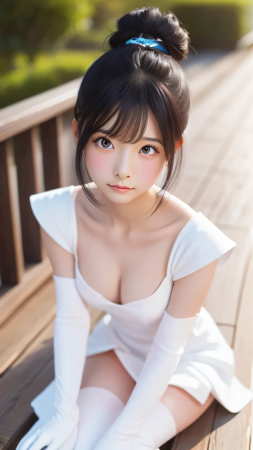 Highest quality、Realistic、woman、zoom、Orange eyes、Black Hair、Bun Hair、White Chinese Dress、thin、Small breasts、Sunburn。Dark Skin、、White long gloves、White long boots、