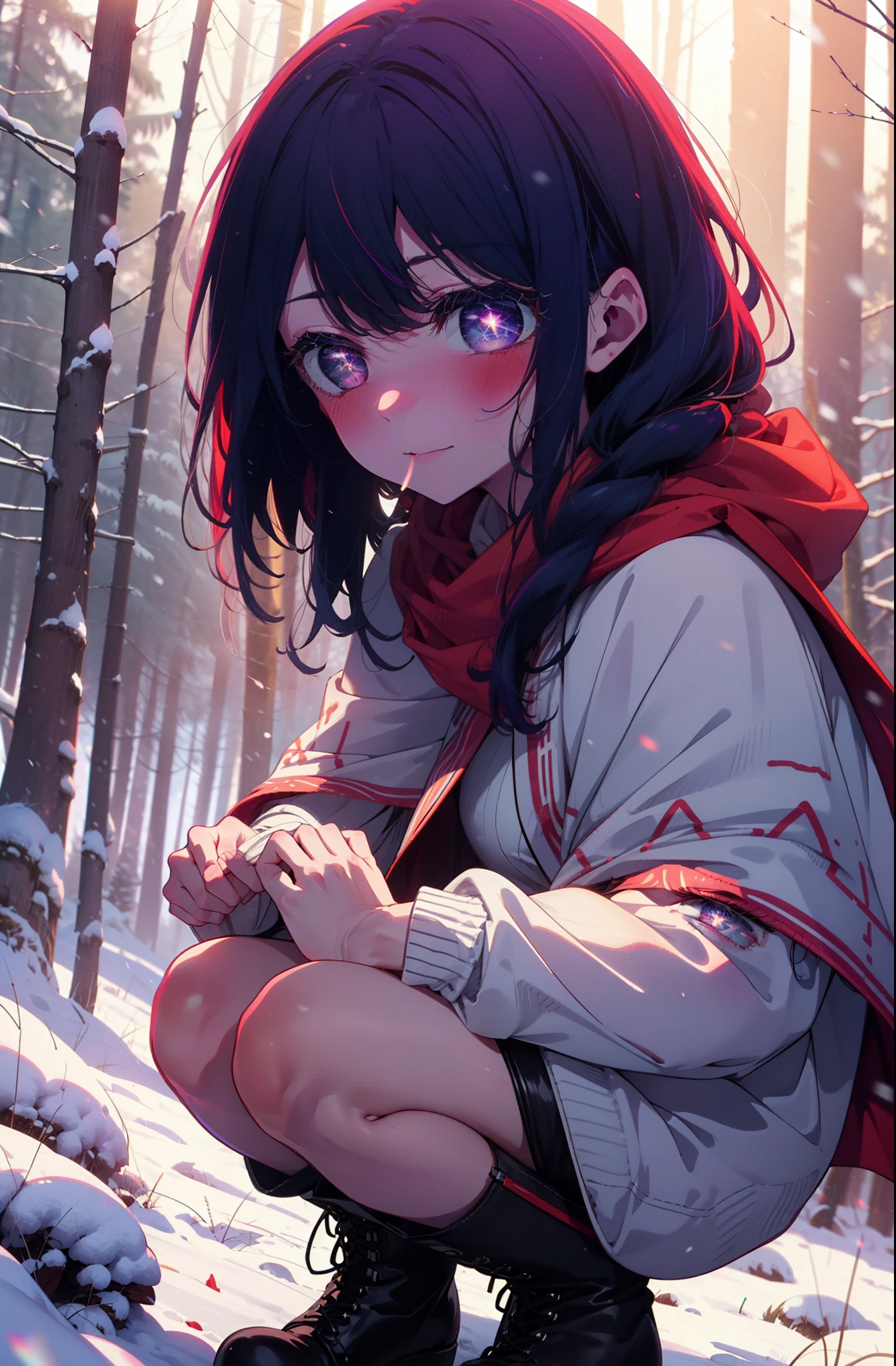 aihoshino, Ai Hoshino, Long Hair, bangs, (Purple eyes:1.1), Purple Hair, (Symbol-shaped pupil:1.5), smile,,smile,blush,white breath,
Open your mouth,snow,Ground bonfire, Outdoor, boots, snowing, From the side, wood, suitcase, Cape, Blurred, , forest, White handbag, nature, Squat, Mouth closed, Cape, winter, Written boundary depth, Black shoes, red Cape break looking at viewer, Upper Body, whole body, break Outdoor, forest, nature, break (masterpiece:1.2), Highest quality, High resolution, unity 8k wallpaper, (shape:0.8), (Beautiful and beautiful eyes:1.6), Highly detailed face, Perfect lighting, Extremely detailed CG, (Perfect hands, Perfect Anatomy),