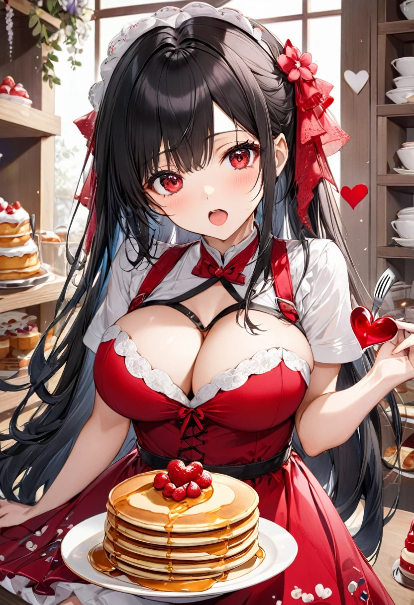 (The ultimate biggest pancake) (best quality detailed Delicious pancake), (solo:2, 18 yo) (beautiful asymmetry bangs:1.4, hime-cut) (sexy black hair very long hair) (beauty sadist girl), (beautiful detailed Heart-shaped pupils red eyes), (cute open mouth, big tits), holding a knife and fork, in a cute red dress, break, in the best cute Patisserie, BREAK, perfect anatomy, masterpiece, best quality, 16k, beautiful detailed grow, daydreaming expression.