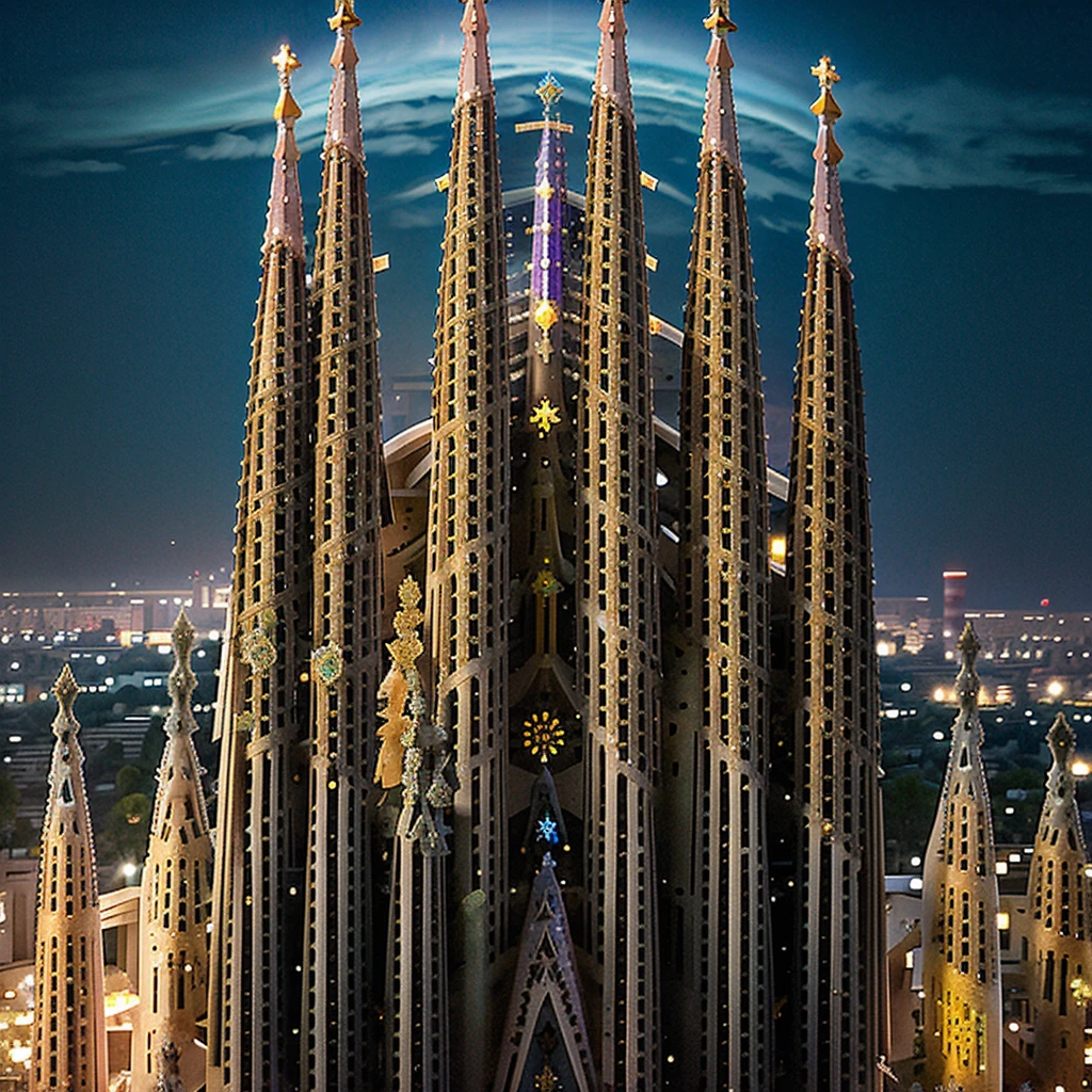 blue sky, evening light, (Aerial View of Sagrada Familia:1.6), (young Beautiful woman is dancing in the Air), she wears long white thin silk dress, skin exposure is minimum, her beautiful and cute face, wide angle lens f/2.8, ultra insane high resolution intricate textures, texture indentation, perfect perspective, perfect geometry, the solar system in another dimension, other worlds, fire all around, celestial singularity, energy fields, gloomy image, luminism, ultra detailed busy background, tessellation, maximalism, perfectionism, IPA Award wining masterpiece