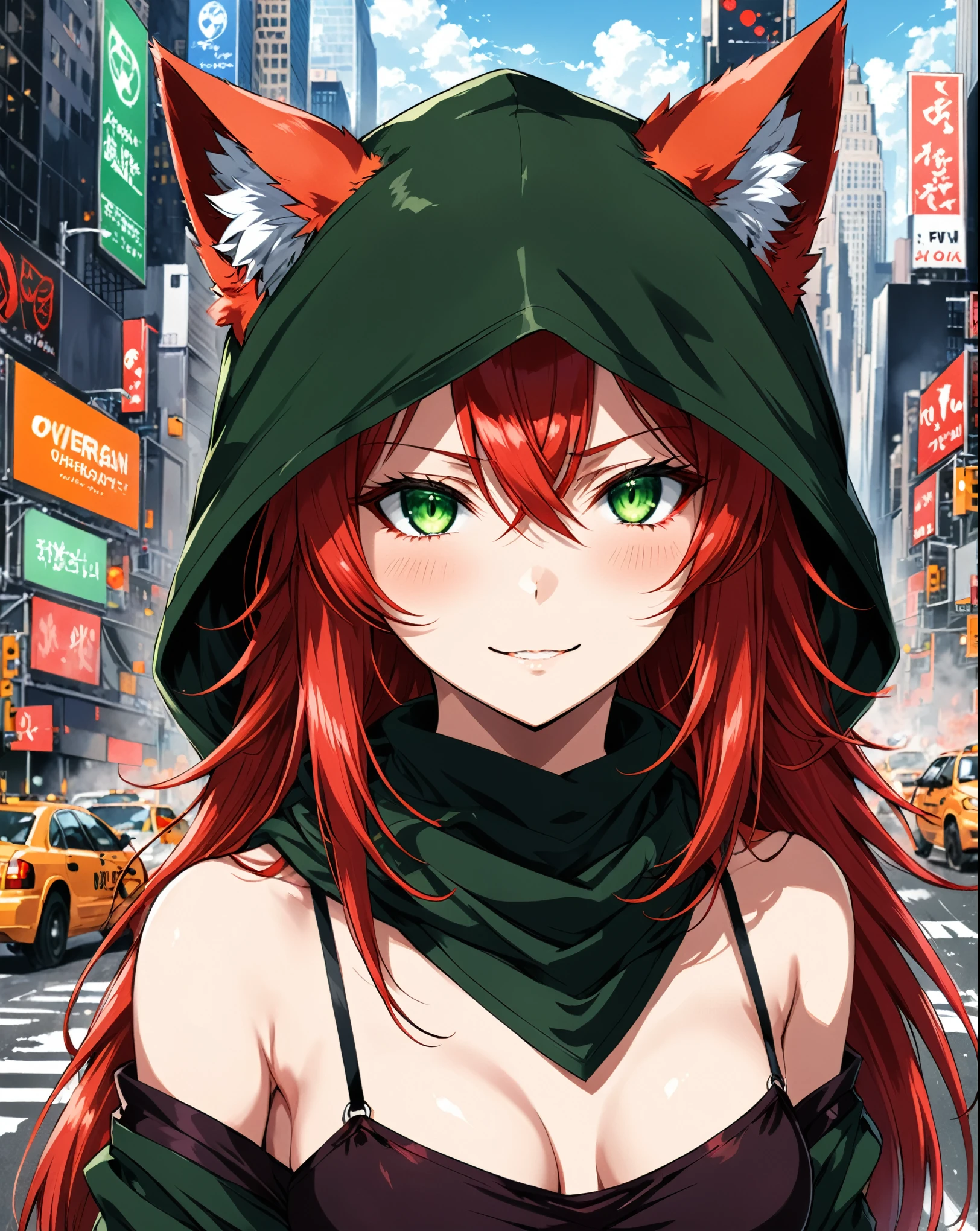 4k, anime style, medium_close_shot, 1catgirl, cat ears, (red long hair)) , eyes focus. oversaturated green eyes, he is moving a bandana that was covering his eyes. super detailed special power eyes.
one eye is uncovered, the other is still covered.  wear a hood, hood on head. Bare shoulders, crop top. Medium breast. Super detailed. Perfect anime red eyes, sharingan. Natural pose. She has a devil smile, she's OP overpowered . red fox tail. she's in the traffic of new york, background is partially blurred, accent colors. 