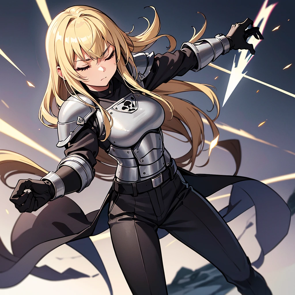 (Solo)、(Full body character concept)、Highest quality, Best Quality, Best illustrations, (((Grey Armor)))、(((Black trousers、Black gloves))、(woman、18-year-old)、(Blonde、Long Hair)、(Close your eyes、Close your eyes)、get annoyed、(Living in the desert)、(White background)、Run、(Grab the sword)、(attack、Same angle、Deathblow、sparks)、Fighting stance、From below