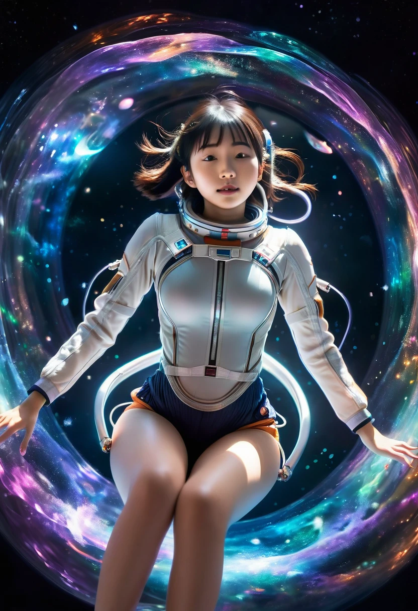 Young Japanese girl floating in space, surrounded by glowing, transluc