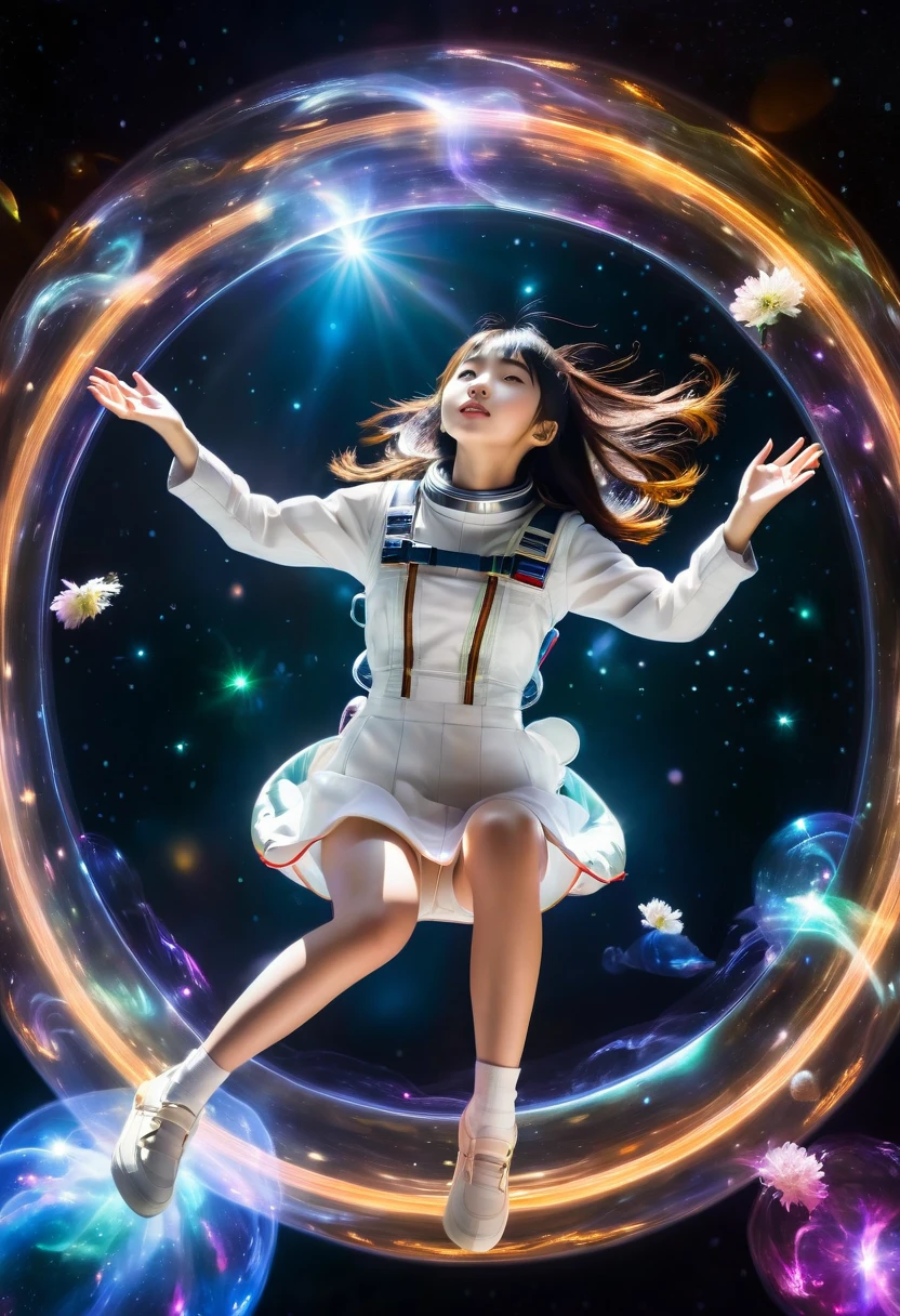 Young Japanese girl floating in space, surrounded by glowing, transluc