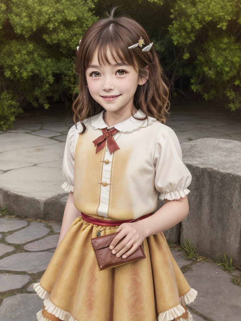 masterpiece, Highest quality, High resolution, One girl, 9 years old, alone, Brown Hair, short hair, Brown eyes, Mole under the eye, Cowboy Shot,, Princess dress, Princess Costume,bow tie, smile (Princess:1.2), Ruffled Dress, tiara, city, Outdoor, garden, wearing wallet, (wallet:1.2)