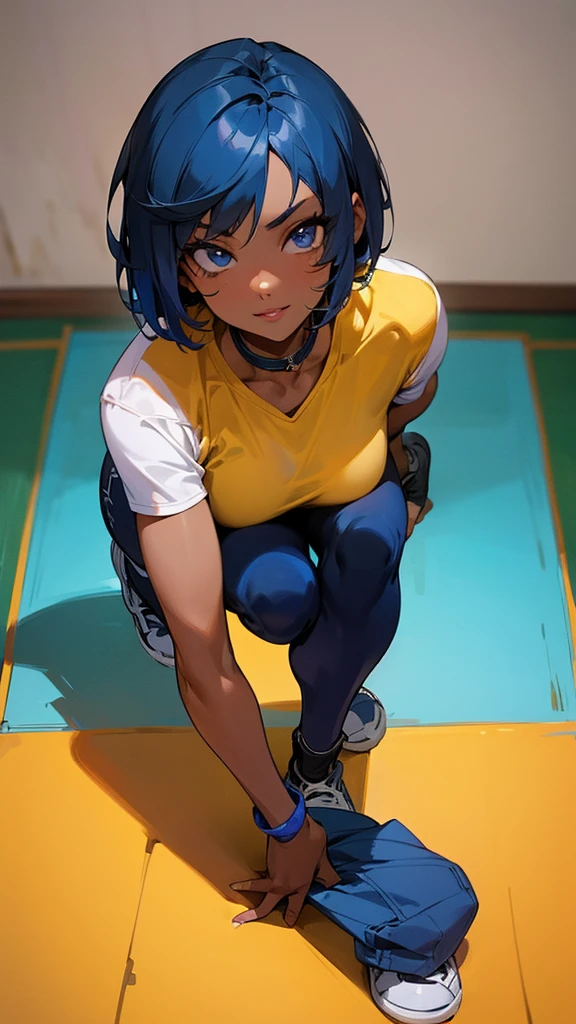Pose: crawling towards viewer on the floor, Darkskinned woman, 30 years old, short athletic body, tight waist, firm perky , perfect round ass, very short blue hair, blue eyes, sensual lips, 168 cm height, tight casual clothes, loving smile