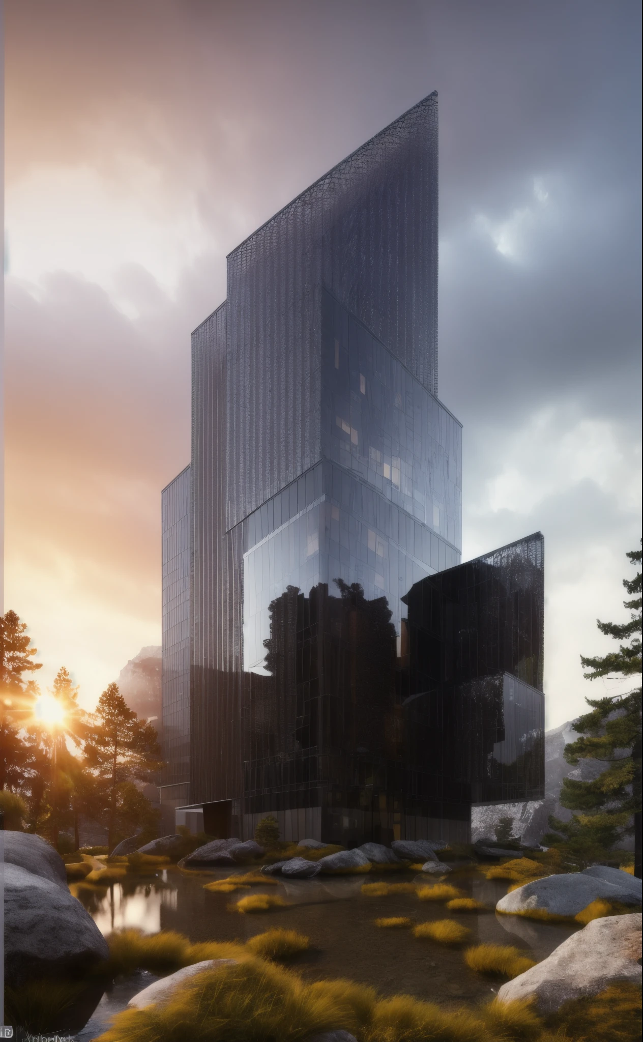 ((masterpiece, best quality)), 8k, modern architecture style, photo realistic, david chipperfield, hyper detailed photo, single box, a digital 3d render of a building,( stone:1.1), leansflare, mountain, tall building, sunset. High details, high quality, [[photorealistic Chromatic aberration]], digital photograph, HDR, high contrast, (cowboy shot), masterpiece. [The scene is surrounded by mist, evoking a mysterious and eerie atmosphere. The lighting is dark and atmospheric, with a touch of sinister ambiance. Best quality image, HDR enhancement, showcasing the utmost level of detail and realism]. [8K, Best Quality, Ultra High Resolution, (highly detailed CG unity 8k wallpaper), (best photo), (best shadows), isometric 3D, octane rendering, ray tracing, highly detailed, (Best quality, 4K, 8k:1.2), absurdity, ultra detailed, (realistic, photorealistic, photorealistic:1.37), complex parts, HDR, (complex parts:1.12), (hyper detailed, hyper realistic, Soft lighting, spicy:1.2), (complex parts, Hyper detailed:1.15). Blurred foreground. (backlit), masterpiece, high quality, brightness, chromatic aberration, shadows, contrast, clear sky, (warm hue, warm tone), high details, natural reflections]. many details. (YES SFW)[KIT]