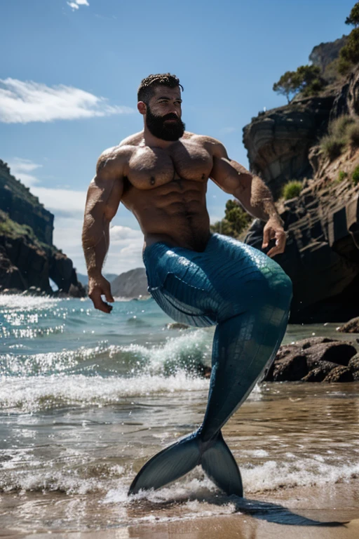 muscle male mermaid, merman, muscles, male bodybuilder, blue mermaid tails, short beard, black longhair, jumping from water, water wave, water twister, rocks, wallpaper