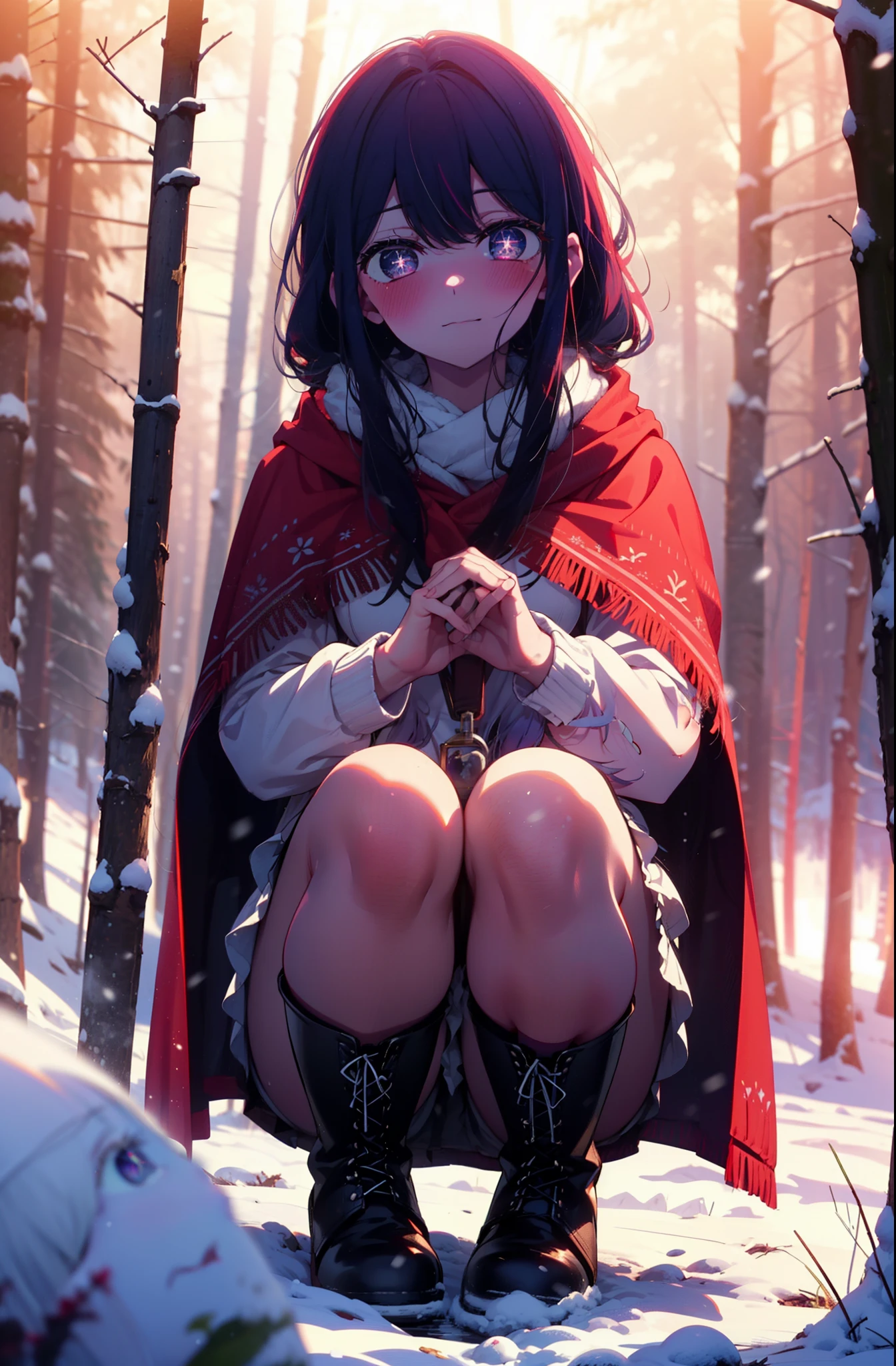 aihoshino, Ai Hoshino, Long Hair, bangs, (Purple eyes:1.1), Purple Hair, (Symbol-shaped pupil:1.5), smile,,smile,blush,white breath,
Open your mouth,snow,Ground bonfire, Outdoor, boots, snowing, From the side, wood, suitcase, Cape, Blurred, , forest, White handbag, nature,  Squat, Mouth closed, Cape, winter, Written boundary depth, Black shoes, red Cape break looking at viewer, Upper Body, whole body, break Outdoor, forest, nature, break (masterpiece:1.2), Highest quality, High resolution, unity 8k wallpaper, (shape:0.8), (Beautiful and beautiful eyes:1.6), Highly detailed face, Perfect lighting, Extremely detailed CG, (Perfect hands, Perfect Anatomy),