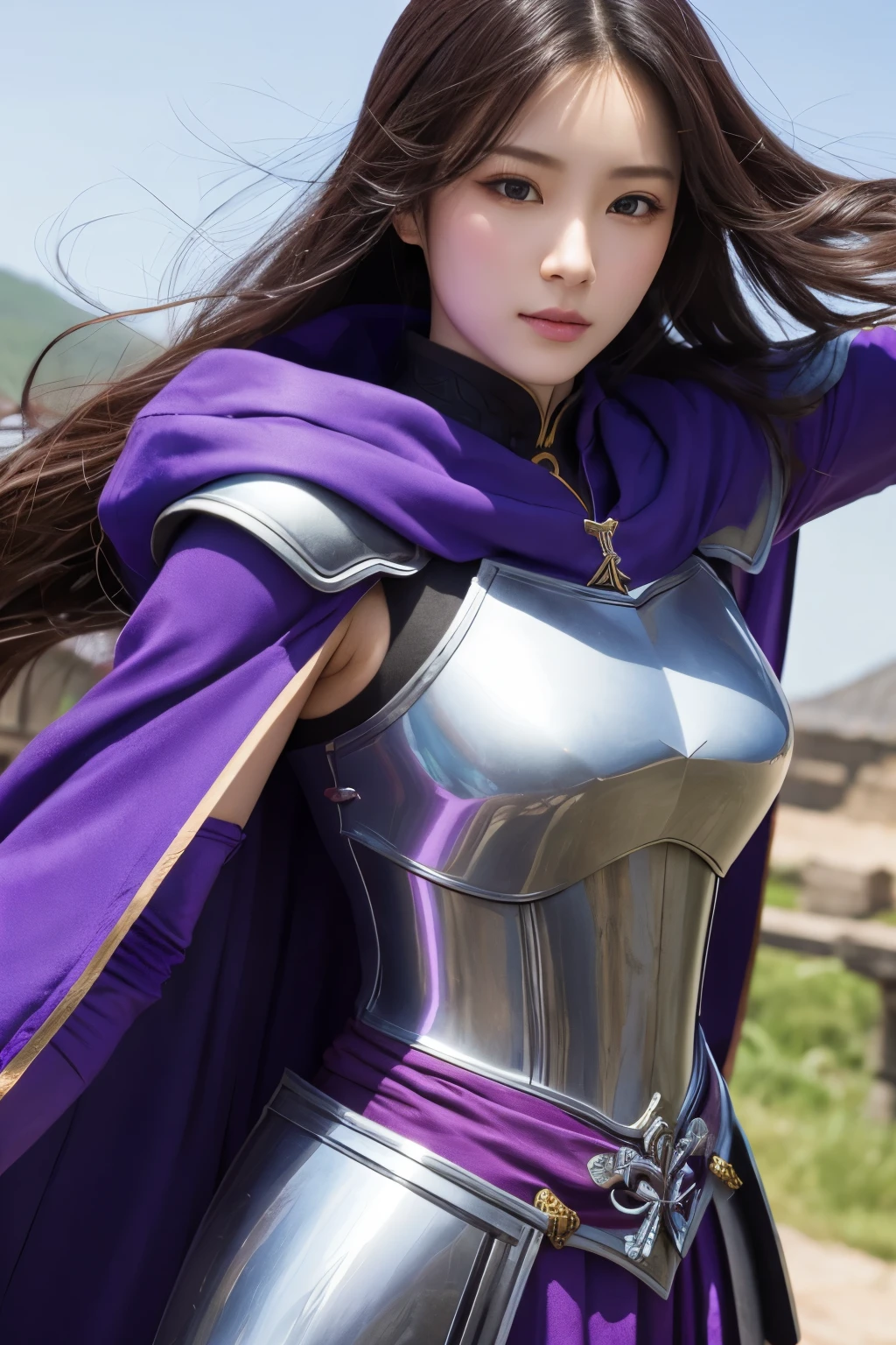 Close-up of a woman in armor and purple cloak, Koei Tecmo, Zhao Yun, China&#39;Three Kingdoms, Bianlian, Genghis Khan, Feng Shui, ponytail, Xianxia Hero, Chinaの戦士,