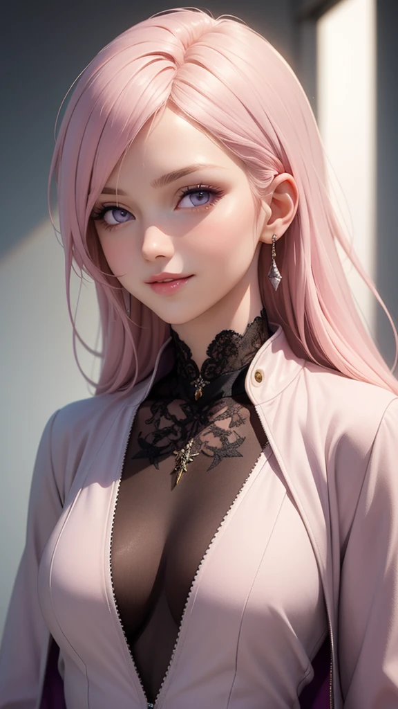 (masterpiece, best quality), intricate details, thin, ((slim)), beautiful girl, Light pink hair, white skin, light purple eyes, sharp jawline, cropped jacket, messy hair, lips, upper body, smirk