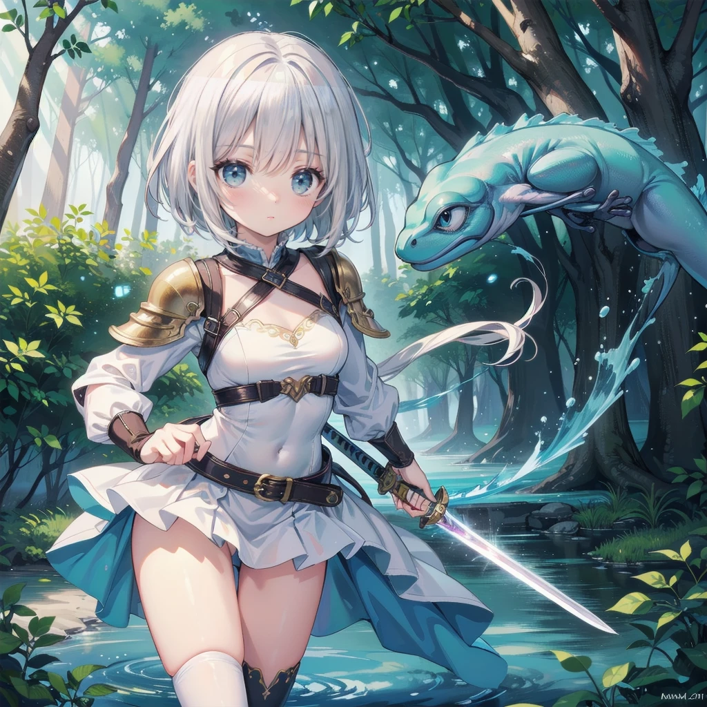 Beautiful girl playing with a frog、Super deformed cute frog、(Fantasy art),(masterpiece),(Anime Style),high quality,(Perfect Anatomy),(Perfect Fingers),((One girl)),((alone)),(Small breasts),Slender body,Silver short hair,((Hand holding a shining sword)),Beautiful and exquisite blue eyes,Beautifully detailed white armor,White loin cloth,Dynamic pose,High Fantasy,Magical colors and atmosphere,Silky to the touch,Cinema Lighting,in the forest