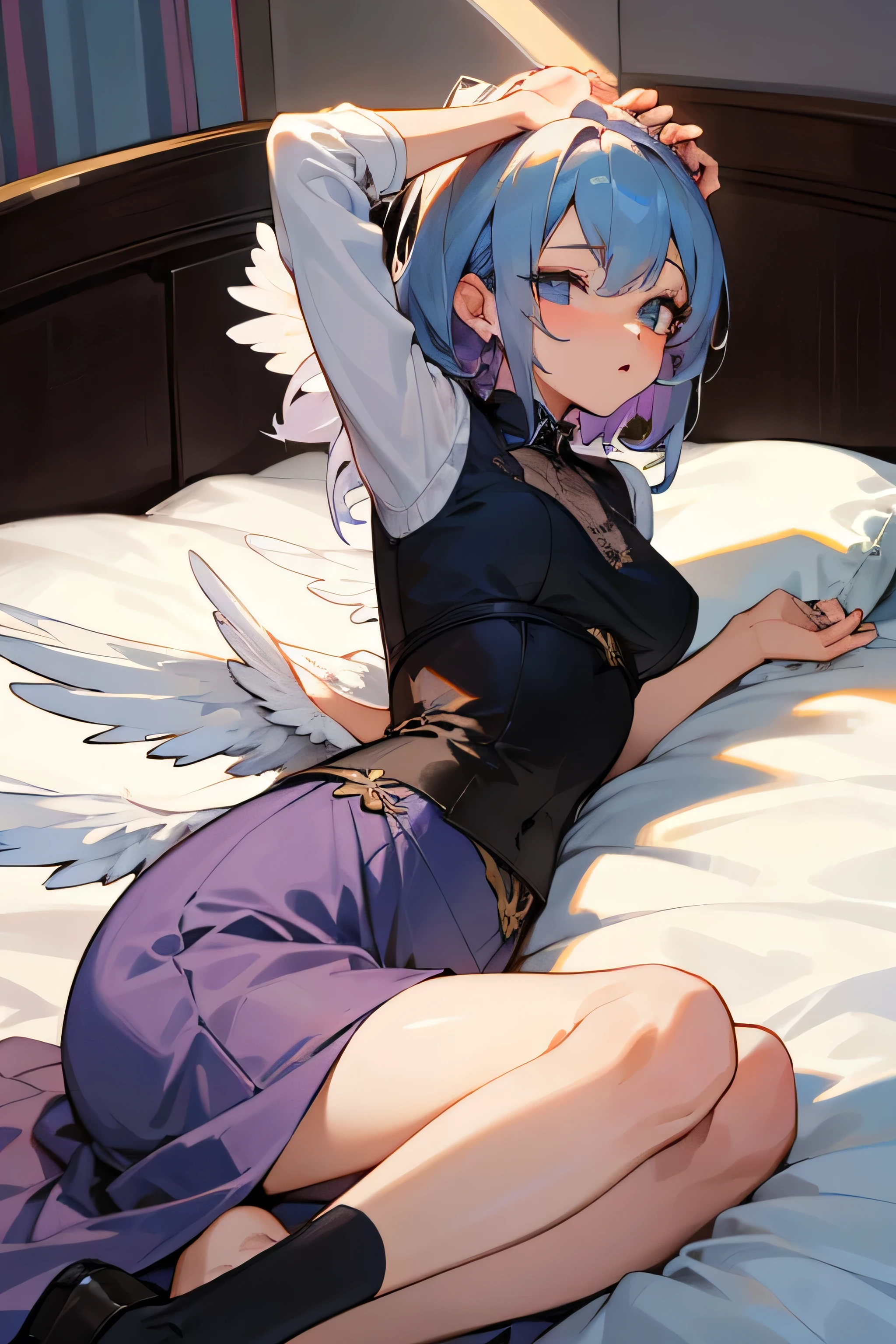 (masterpiece:1.2), hyper detail, best quality, (intricate_details:1.1), beautiful detailed, beautiful hair, solo,1girl,robin_(honkai:_star_rail), head_wings, angel, virtual_youtuber, 1girl, white_wings, halo, wings, solo, blurry_background,sweating,((from below)),back to the viewer,ass,middle ass,((lift up the dress)),((hand holding dress)),((white panties)),((panties under the dress)),between thigh,greasy ass,greasy thigh,smooth ass,smooth thigh,sweat ass,sweat thigh,looking at viewer,looking down,blush,open mouth,five fingers,tareme eyes,green eyes,((Pupil details)),hair between eyes,((under the spotlight)),backlighting,back,shoulder blade,looking back,The wind blows up the dress
