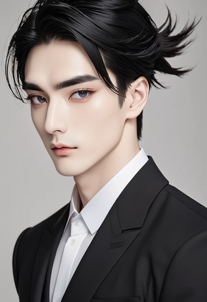 A handsome man with almond-shaped black eyes, Coarse straight black hair with pale skin, High cheekbone, Monolids or double eyelids, Sparse and high eyebrows and a Medium broad nose wearing suit