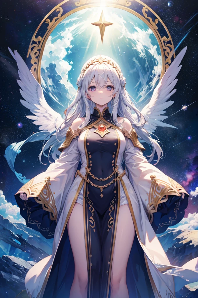 Long sleeves, goddess in the sky, divine light, fantasy, standing, adult, Mysterious, space