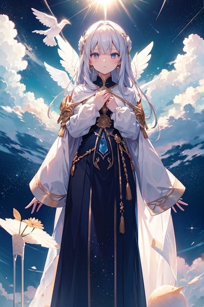 Long sleeves, goddess in the sky, divine light, fantasy, standing, adult, Mysterious, space