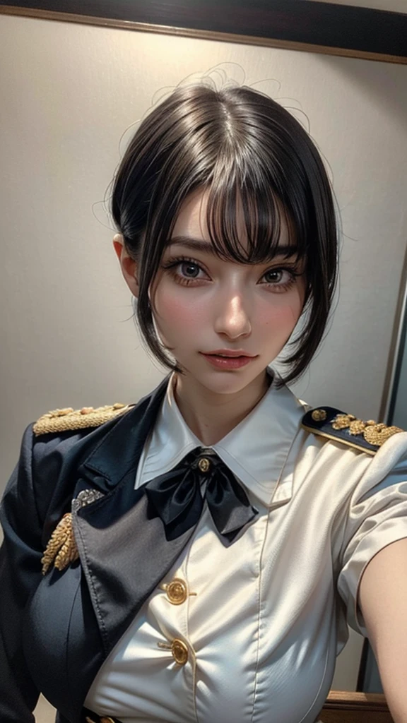 Highest resolution, semi-realistic, realistic detail, woman, ite, black hair, short bob haircut, bangs, black eyes, wearing official clothes, uniform, outerwear, white coat, dress. red inside,serious expression,serious,air force,war,government,war,science fiction,space