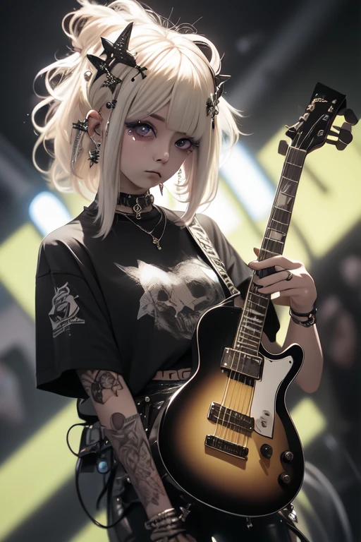 High quality picture, masterpiece, 4k. luminous, reality, blond bobbed hair, punk style t-shirt, hot trousers, playing electric guitar, big eyes, lame eyeshadow, on stage with spotlight