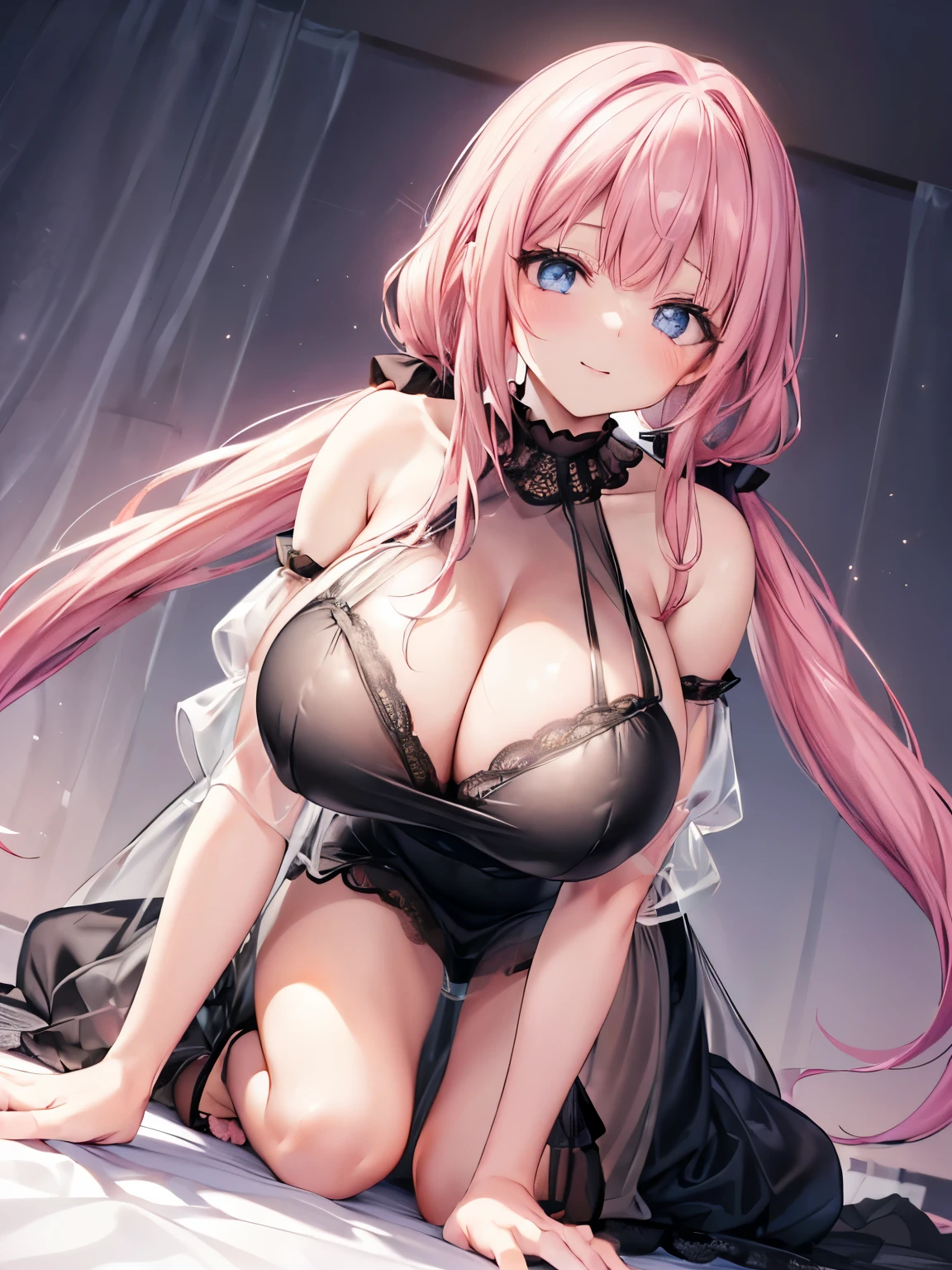 Best Quality,Detailed and cute eyes,Very cute face,(Solo Girl),(????????????????:1.5),(Pink hair),(low twintails:1.4),Scrunchie,(Big light blue eyes),A very happy smile,Blushing,Open your mouth wide,View Viewer,BREAK,(black see-through evening dress,Cross halter neck,No sleeve,lace fabric dresses,Long skirt,????????? visible through sheer clothing:1.5),Night Background,bed,????????????,(Angle from below,Dynamic Angle:1.5)