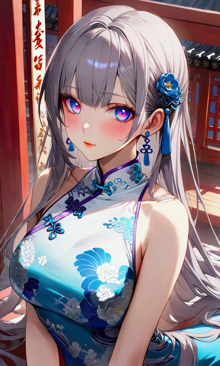 A young woman with long smooth grey hair, purple and blue gradient eyes with vibrant luminous hues, fair skin tone, cheongsam, (detailed body), (detailed eyes) (masterpiece), (best quality), (ultra-detailed)