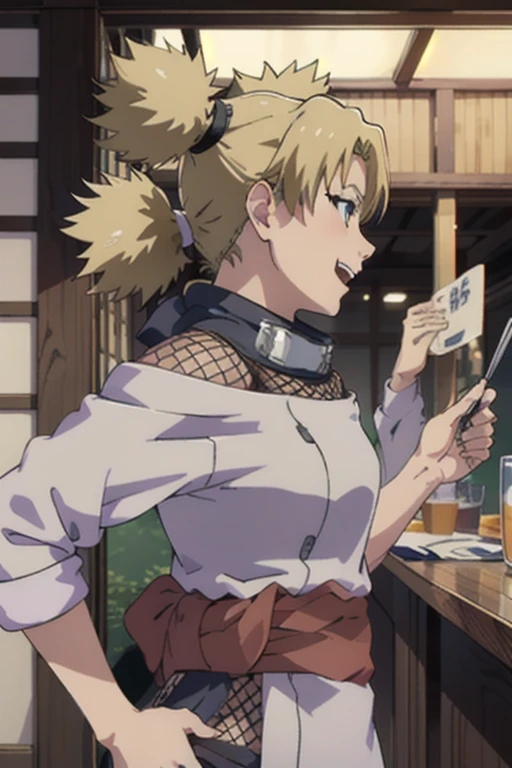 1girl,  ytemari, blonde hair, quad tails, blue eyes, fishnets, purple garment, sash, lineart, laughing, side profile, in a japanese bar, vibrant color, masterpiece, best quality, high definition,