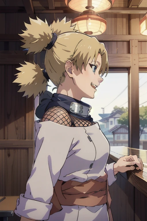 1girl,  ytemari, blonde hair, quad tails, blue eyes, fishnets, purple garment, sash, lineart, laughing, side profile, in a japanese bar, vibrant color, masterpiece, best quality, high definition,