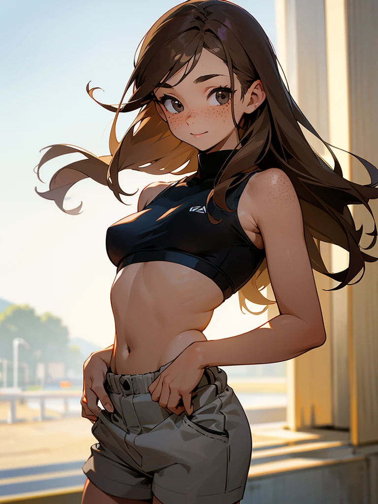 A white teenage gir feet and is a little chunky, has long light brown hair, wearing black sports bra and grey shorts, brown eyes, happy, a very small tan, looks beautiful, hands on waist, little freckles,