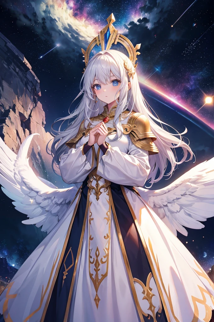 Long sleeves, goddess in the sky, divine light, fantasy, standing, adult, Mysterious, space
