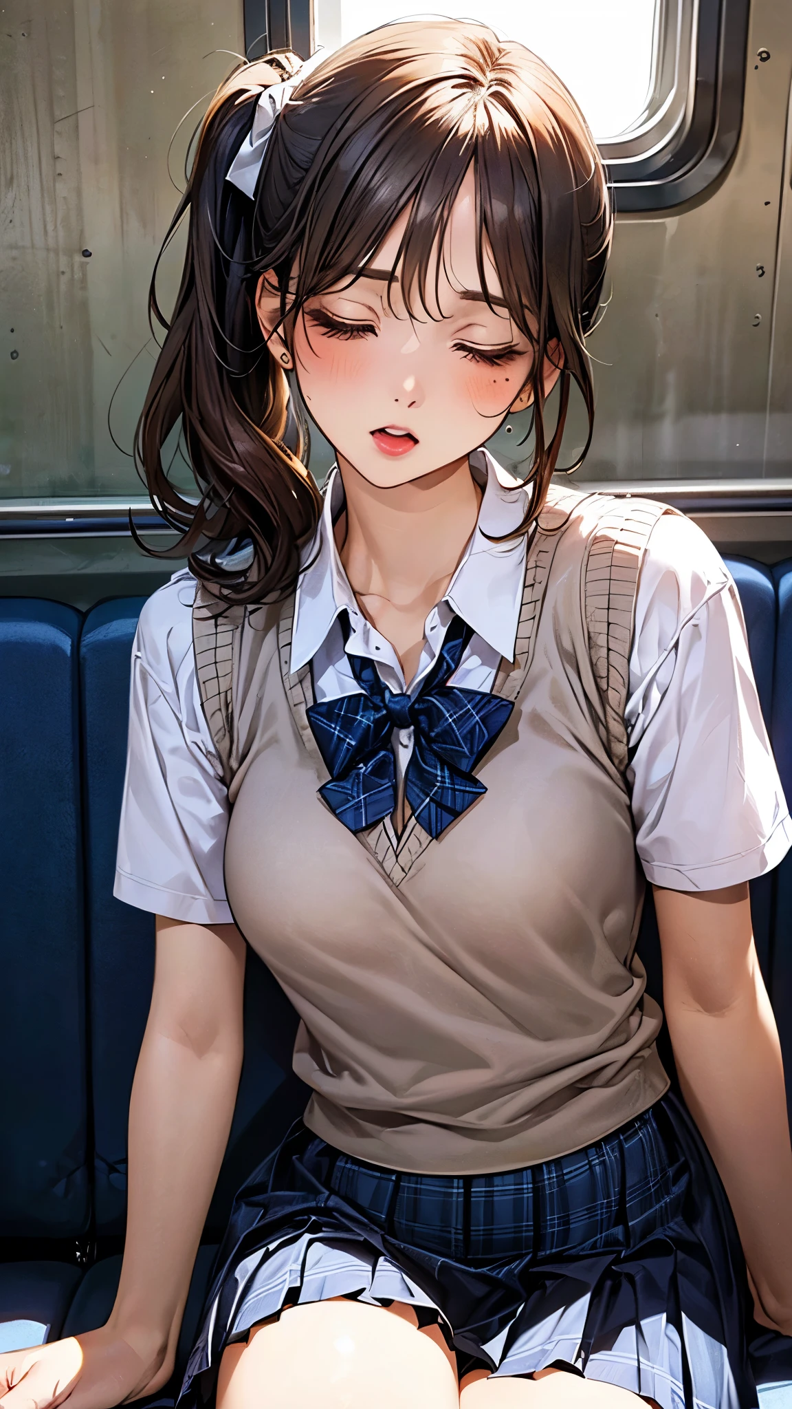 (masterpiece:1.2, top-quality), (realistic, photorealistic:1.4), beautiful illustration, (natural side lighting, movie lighting), depth of fields, nsfw,
beautiful detailed hair, beautiful detailed face, beautiful detailed eyes, beautiful clavicle, beautiful body, beautiful chest, beautiful thigh, beautiful legs,
looking at viewer, 1 girl, 12 years old, (perfect anatomy, anatomically correct, super detailed skin), cute and symmetrical face, perfect face, perfect eyes,
(middle hair, side ponytail, light brown hair), swept bangs, break blue eyes, big eyes, (medium breasts, seductive thighs), perfect body, shiny skin, pink skin,
(detailed cloth texture, break short sleeve white collared shirt, break (navy knit vest), break navy pleated skirt, break blue plaid bow tie), break
(beautiful scenery), (sit against the wall, train interior), break ((sleeping, closed eyes)), (:o, head tilt),