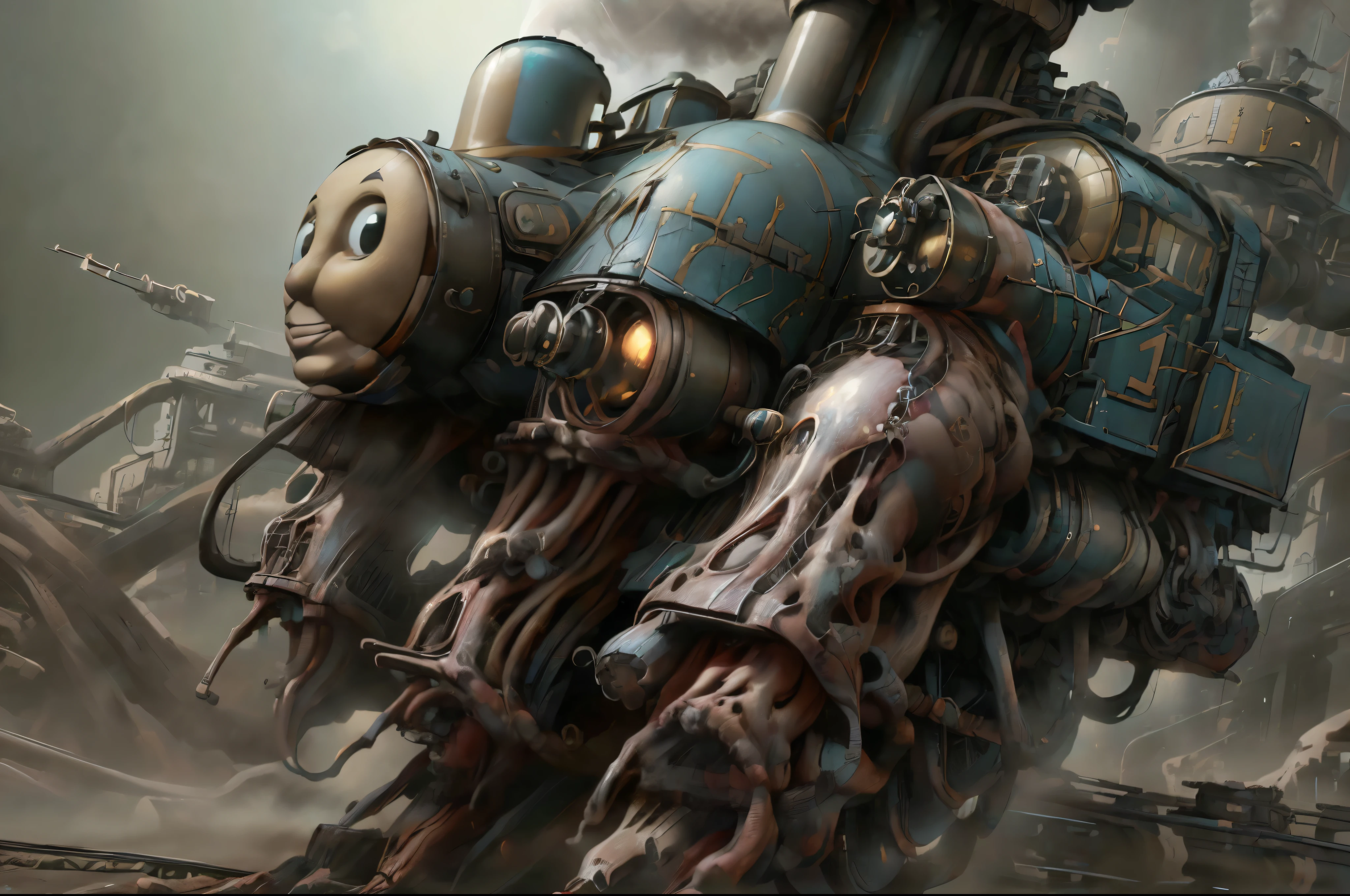 quality\(8k,wallpaper of extremely detailed CG unit, ​masterpiece,hight resolution,top-quality,top-quality real texture skin,hyper realisitic,increase the resolution,RAW photos,best qualtiy,highly detailed,the wallpaper,cinematic lighting,ray trace,golden ratio\), BREAK ,solo,1train/((THOMAS THE TRAIN:1.4),face,(Steam locomotive),bionic living organism,BiopunkAI,muscle,muscle tissue,xxk3mt1ks,smile,looking at viewer,huge,full body, grotesque/),background\(bionic garage\),from below,(dynamic angle:1.4)