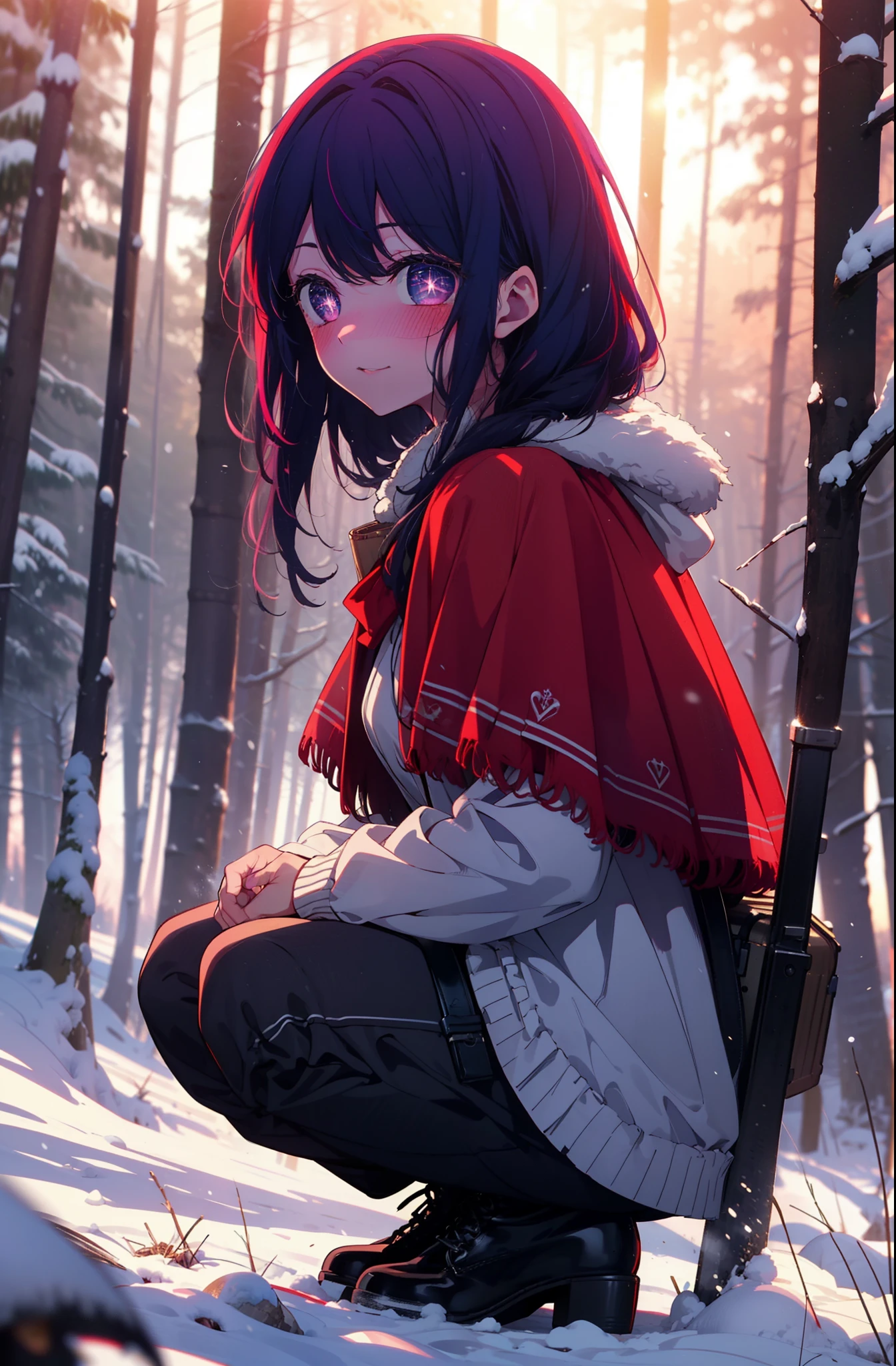 aihoshino, Ai Hoshino, Long Hair, bangs, (Purple eyes:1.1), Purple Hair, (Symbol-shaped pupil:1.5), smile,,smile,blush,white breath,
Open your mouth,snow,Ground bonfire, Outdoor, boots, snowing, From the side, wood, suitcase, Cape, Blurred, , forest, White handbag, nature, Squat, Mouth closed, Cape, winter, Written boundary depth, Black shoes, red Cape break looking at viewer, Upper Body, whole body, break Outdoor, forest, nature, break (masterpiece:1.2), Highest quality, High resolution, unity 8k wallpaper, (shape:0.8), (Beautiful and beautiful eyes:1.6), Highly detailed face, Perfect lighting, Extremely detailed CG, (Perfect hands, Perfect Anatomy),