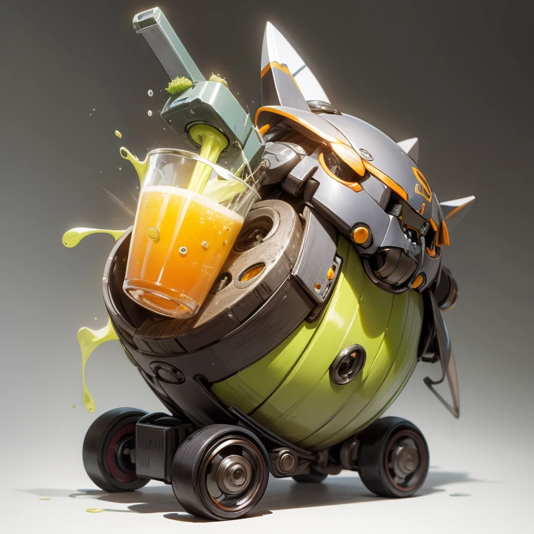 ultra-small deformation, Chibi Cute, Mechanical Creature, Creature shaped like a juicer that makes juice, High contrast and vivid color, simple background