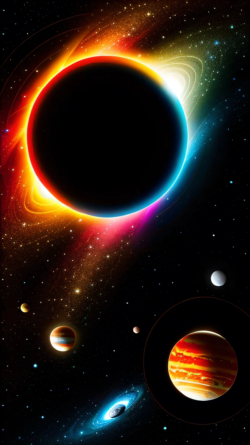 Create an artistic representation of a stylized solar system with vibrant, glowing planets and intricate cosmic details. The image should feature planets of varying sizes and colors arranged vertically against a dark space background. Use swirling patterns and subtle highlights to emphasize the orbits and motion of the celestial bodies. Include elements like stars, nebulas, and cosmic trails, with a mix of warm and cool colors to create a visually striking and balanced composition. The overall aesthetic should be both whimsical and elegant, with a touch of surrealism.