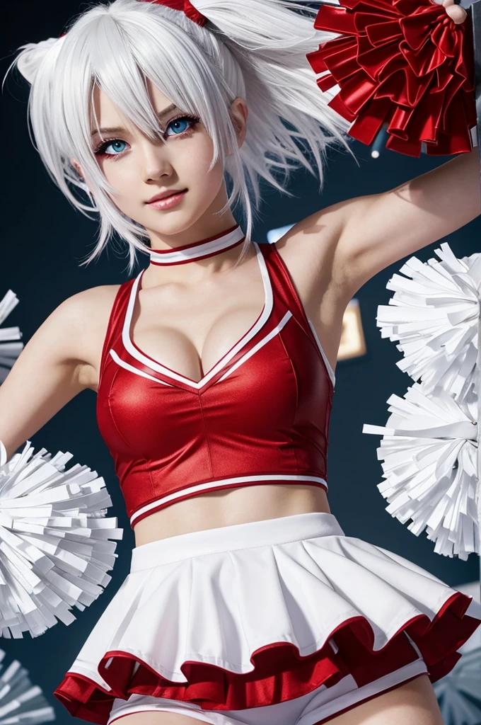 White hair, big red eyes attributes, thin and has the boku no hero cheerleading outfit