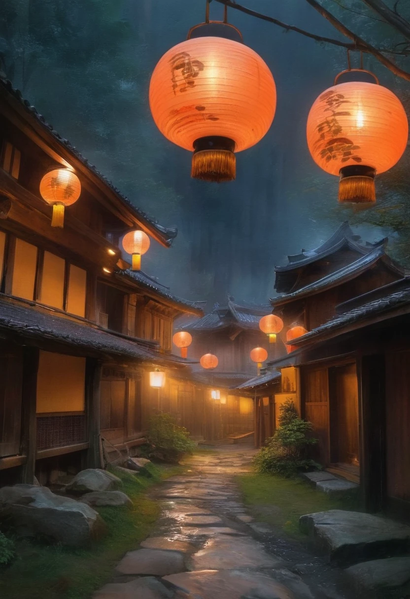 A realistic image of a rabbit with traditional and mystical elements. With rabbit ears and tail, it has a human-like appearance. Two. Her eyes are large and expressive, and her pupils are dilated. She is wearing a traditional Japanese kimono with intricate patterns and stands in an old Japanese village. In the background are traditional wooden houses and lanterns, and the misty atmosphere creates a mysterious atmosphere. The lighting is natural, enhancing the realism and mysterious aura of the environment.