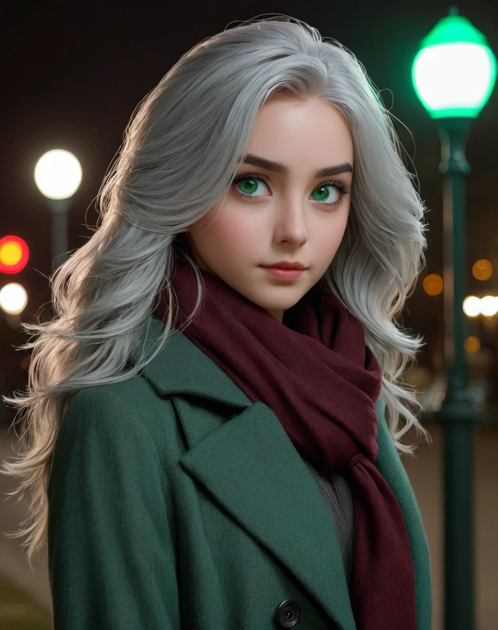 (8k, best quality, master piece: 1.2),super high resolution,1 girl, solo, 1 girl, daughter of severus snape, , ((colorshift green eyes, hyperdetailed, expressive eyes)), ultra-detailed face, random hair, dark red color, Ecstatic expression,I'm walking through the park at night. The soft light of the street lamps illuminates the road, creating a quiet night atmosphere. Her silver hair is simply tied up, and she's wearing a long coat and a scarf. Her back is a glimpse of her walking through the quiet night, her thoughts wandering.