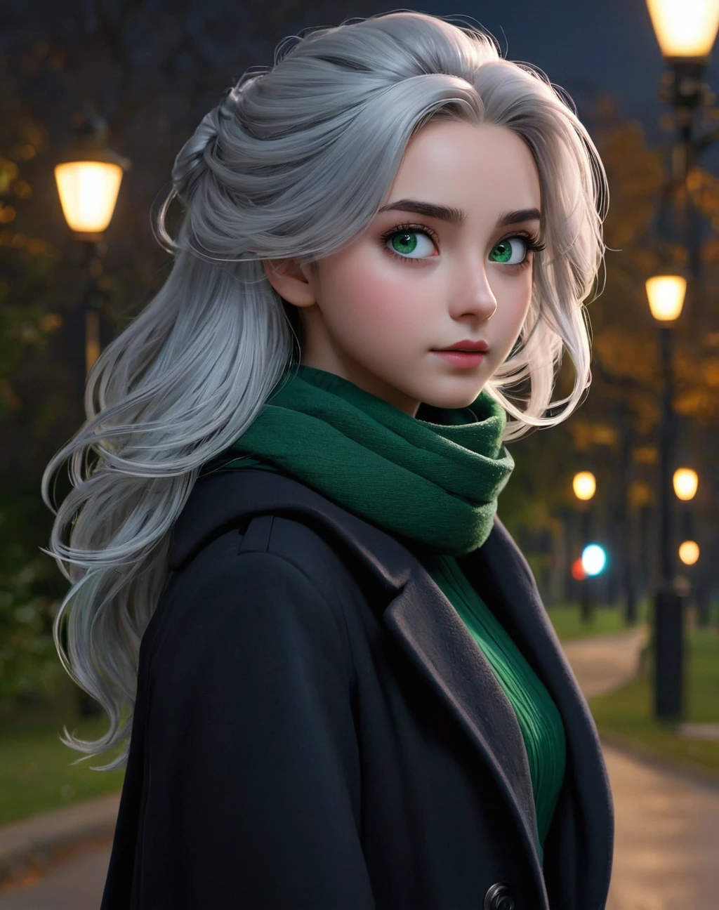 (8k, best quality, master piece: 1.2),super high resolution,1 girl, solo, 1 girl, daughter of severus snape, 11 years old, ((colorshift green eyes, hyperdetailed, expressive eyes)), ultra-detailed face, random hair, dark red color, Ecstatic expression,I'm walking through the park at night. The soft light of the street lamps illuminates the road, creating a quiet night atmosphere. Her silver hair is simply tied up, and she's wearing a long coat and a scarf. Her back is a glimpse of her walking through the quiet night, her thoughts wandering.