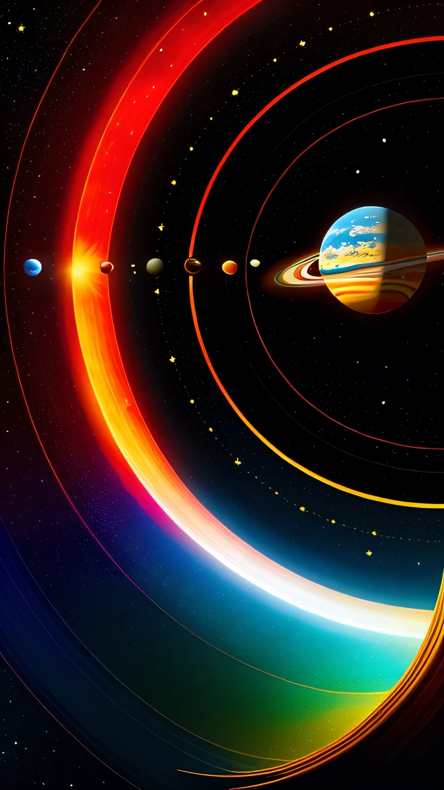 Create an artistic representation of a stylized solar system with vibrant, glowing planets and intricate cosmic details. The image should feature planets of varying sizes and colors arranged vertically against a dark space background. Use swirling patterns and subtle highlights to emphasize the orbits and motion of the celestial bodies. Include elements like stars, nebulas, and cosmic trails, with a mix of warm and cool colors to create a visually striking and balanced composition. The overall aesthetic should be both whimsical and elegant, with a touch of surrealism.