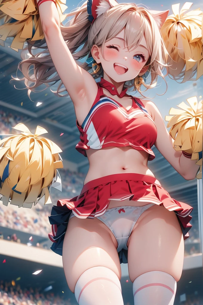 A beautiful 20 year old girl, anime girl, cheerleader, pom poms, (cheerleaders:1.5), (pompoms:0.8), I'm rooting for you, jumpping, cheer jumps, girly pose, dynamic motion, dynamic moves, football stadium, football field, burst of confetti, cheering crowd, cheerleader costume, (mini skirt), skirt lift, happy atmosphere, vibrant colors, white trainers, white short socks, white panties, (white panties:1.4), brown hair, bangs, ponytail, wavy hair, expressive hair, shiny hair, hair ornament, hair bow, one eye closed, aqua eyes, glowing eyes, cat ears, earrings, kemonomimi mode, open mouth, smile, blush, bright pupils, seductive smile, happy, red lips, tongue, upper teeth, big round breasts, slim waist, beautiful ass, defined body, full body, slim legs, defined thighs, anime, image fill, border, first-person view, pov, three-quarter front behind, perspective, Wide-Angle, macro photo, f/1.8, 85mm, Sony FE GM, 8k, super detail, UHD, retina, masterpiece, accurate, anatomically correct, best quality, highres